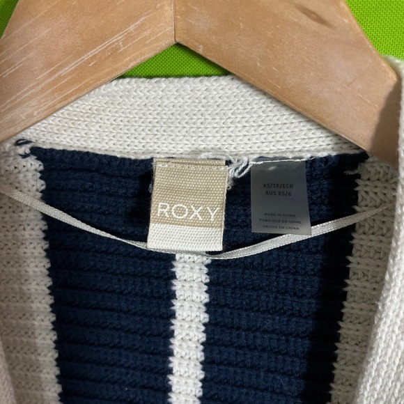 Roxy Womens XS Navy Blue White Striped Belted Open Front Chunky Knit Cardigan - Picture 3 of 6